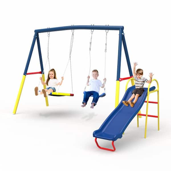 3 in 1 Multi-Person Kids Swing and Slide Combo Set, Heavy-Duty Metal Play Set with Flying Saucer Swing, Belt Swing Seat