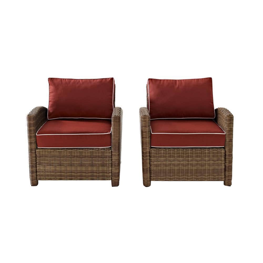 Bradenton 2-Piece Brown Wicker Outdoor Armchair Set with Red Cushions