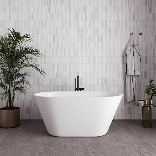 54 in. x 30 in. Acrylic Freestanding Soaking Bathtub in Glossy White with Matte Black Drain
