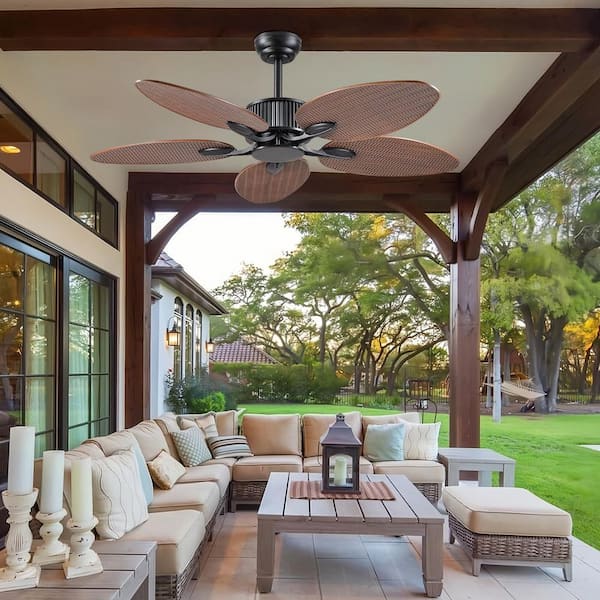 46 Inch Tropical Ceiling Fan With Lights - Palm Leaf Design With Remote, 6 Speeds, Reversible