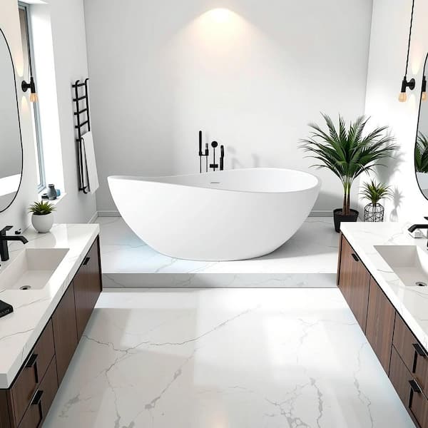 63 in. x 37 in. Stone Resin Freestanding  Soaking Bathtub Double Slipper Oval Design Tub in White with Center Drain