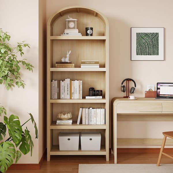 76 in. Tall Coastal Oak Wood 5-Shelf Arched Bookcase with Open Front Storage Design