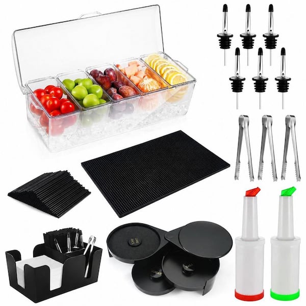 Clear 22-Piece Plastic Bar Supplies Set with Bar Mat, Garnish Tray, Rimmer and Pour Bottles
