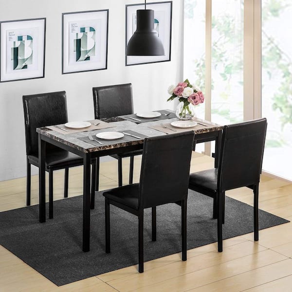 Harper & Bright Designs 5-Piece Faux Mable and PU Leather Dining Set