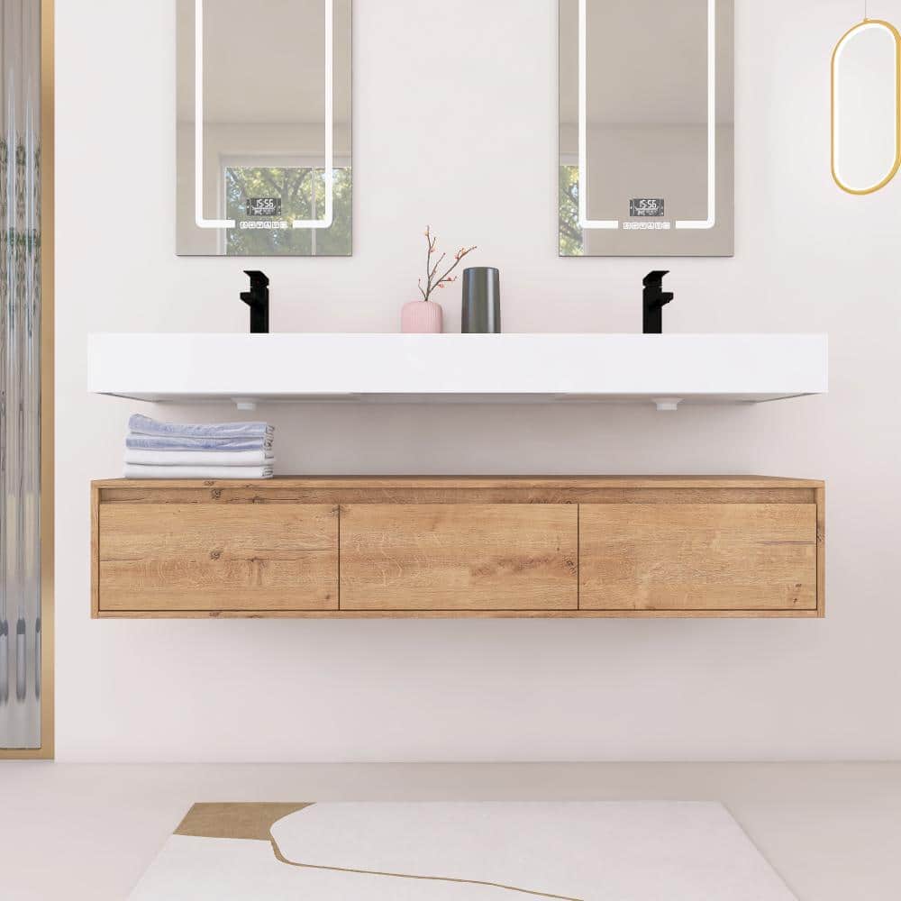 59.1 in. W x 18.1 in. D x 15.8 in. H Double Sink Floating Bath Vanity in Imitative Oak with White Resin Vanity Top price history on PriceWatchPro