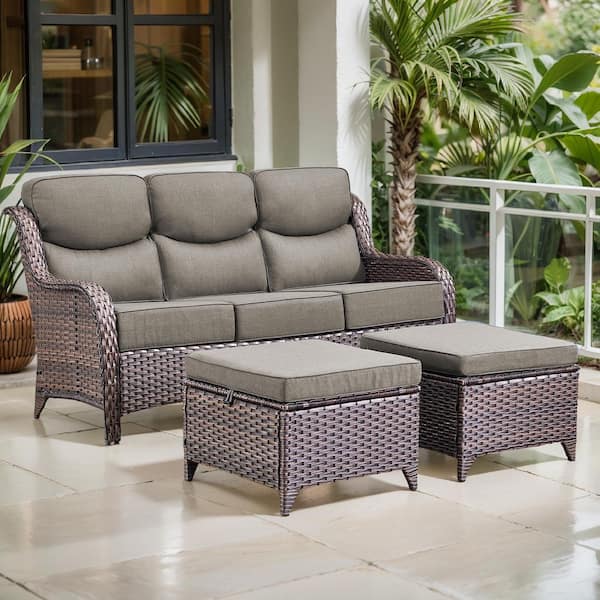 Opohoro Arcadia 3-Piece Brown Wicker Outdoor 3-Seat Couch with High Curved Back and 6 in. Thick Gray Cushions and Ottomans