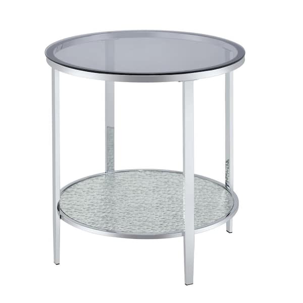 Steve Silver Frostine 22 in. Chrome Round Tempered Glass End Table with Shelf