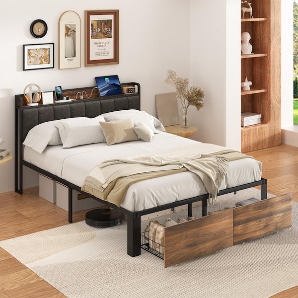 Lusimo Brown Metal Upholstered Bed Frame Queen Panel Bed with 2 Drawers ...