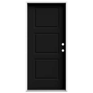 36 in. x 80 in. 3 Panel Equal Left-Hand/Inswing Black Steel Prehung Front Door