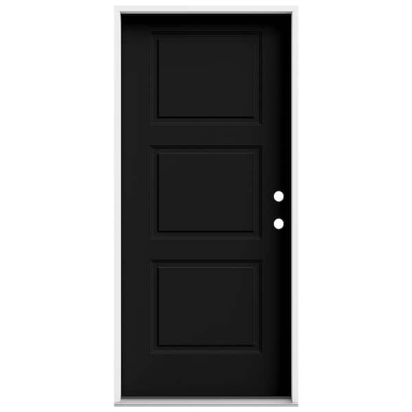 JELD-WEN 36 in. x 80 in. 3 Panel Equal Left-Hand/Inswing Black Steel Prehung Front Door