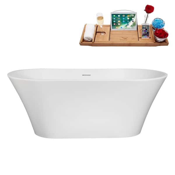 Streamline 59 in. x 29 in. Acrylic Freestanding Soaking Bathtub in Glossy White with Matte Oil Rubbed Bronze Drain, Bamboo Tray