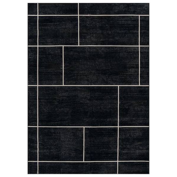 Windowpane Grid Black Machine Washable Non-Slip Backing Area Rug 5' x 7' Black