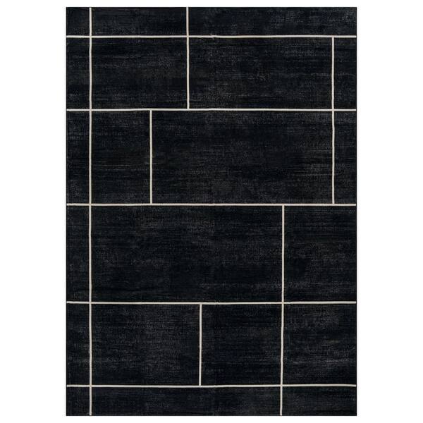 Windowpane Grid Black Machine Washable Non-Slip Backing Area Rug 9' x 12' Black