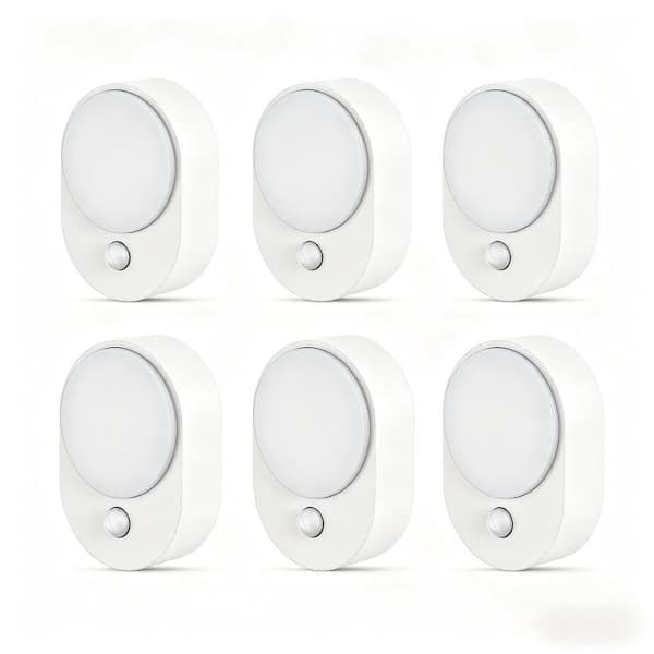 6-Pack 0. 6W Plug-In Motion Sensor Night Light Oval Design with White Finish, 3000K, 3 Adjustable Modes