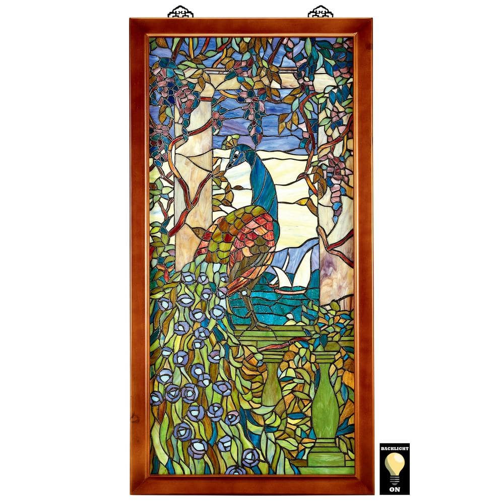 Design Toscano Peacock With Wisteria WoodFramed Stained Glass Window