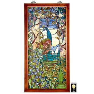 Peacock With Wisteria Wood-Framed Stained Glass Window Panel