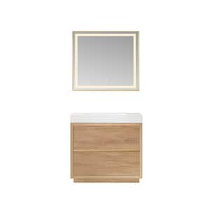 Palencia 36 in. W x 20 in. D x 33.9 in. H Single Sink Bath Vanity in N. American Oak with White Composite Top and Mirror