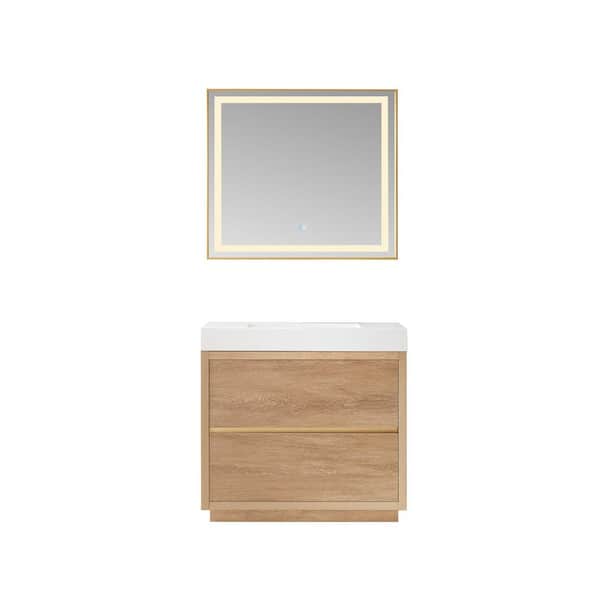 ROSWELL Palencia 36 in. W x 20 in. D x 33.9 in. H Single Sink Bath Vanity in N. American Oak with White Composite Top and Mirror