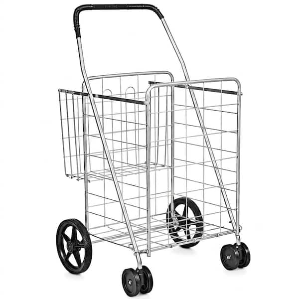 Folding Shopping Cart with Swivel Wheels, Dual Storage Baskets, Grocery and Laundry Utility Cart