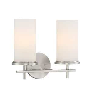Haisley 13.25 in. 2-Lights Brushed Nickel Vanity Light with White Glass Shades