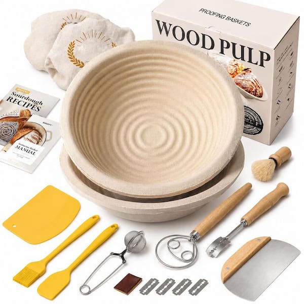 9 in. Round Sourdough Banneton Bread Proofing Basket Set with Bowl, Cover, Dough Whisk, Lame, and Scraper