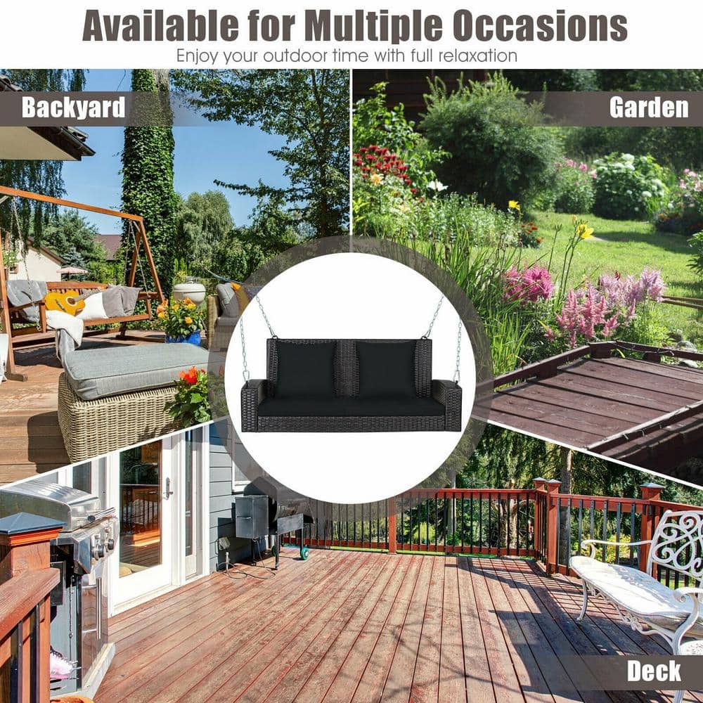 Black Wicker 2-Person Patio Swing with Cushions