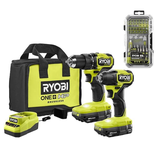 ONE+ HP 18V Brushless Cordless Compact 2-Tool Combo Kit w/(2) Batteries, Charger, Bag & Diamond Grit Driving Set (52PC)