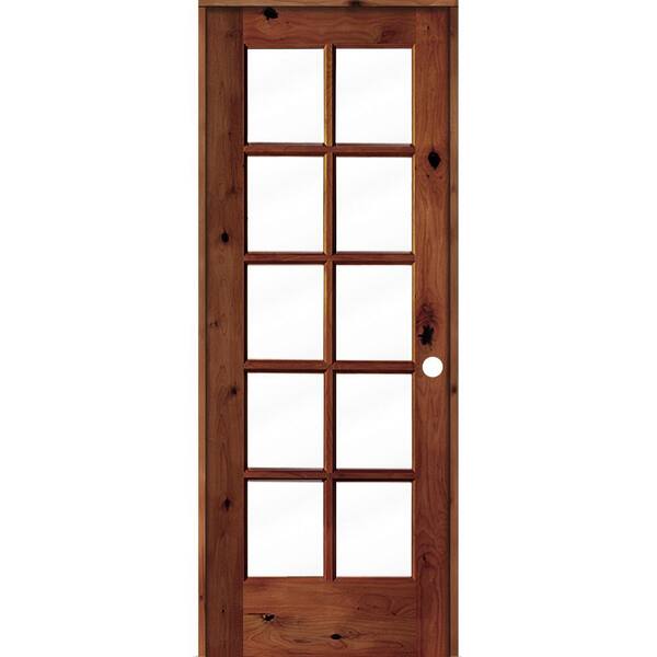 Krosswood Doors 28 in. x 80 in. Knotty Alder Left-Handed 10-Lite Clear Glass Red Chestnut Stain Wood Single Prehung Interior Door