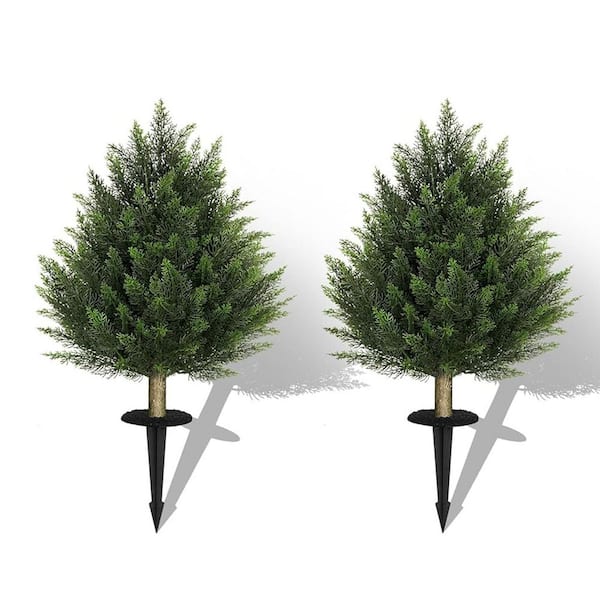 2-Sets 2 ft. Artificial Cedar Bush Shrubs with Ground Stake Indoor Outdoor UV Resistant Fake Plant Garden Entryway Decor
