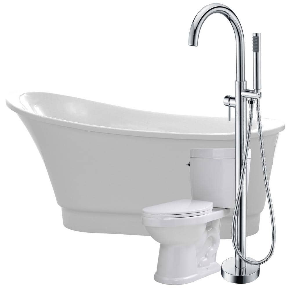 ANZZI Prima 67 in. Acrylic Flatbottom Non-Whirlpool Bathtub in White with Kros Faucet and Talos 1.6 GPF Toilet, Glossy White -  FTAZ095-25C-65