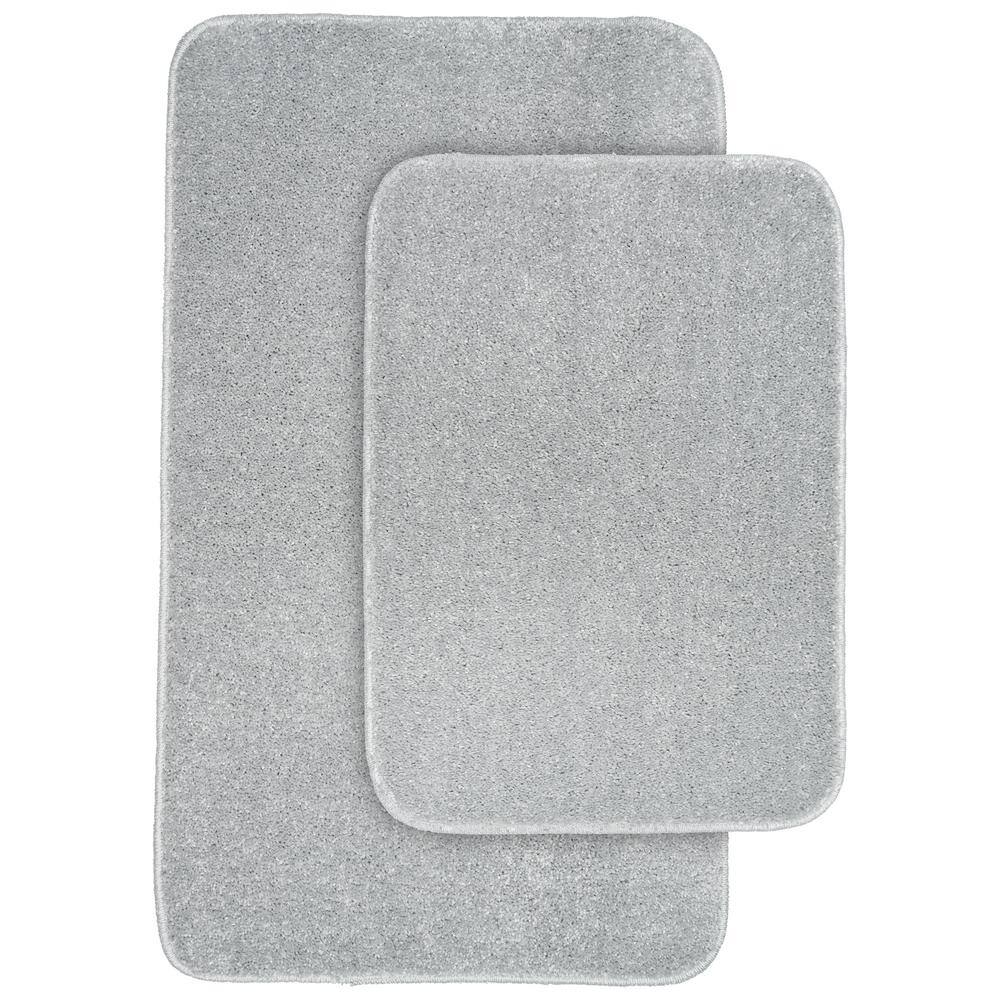 Silver Polypropylene Plush Bath Rug Set with Non-Slip Backing