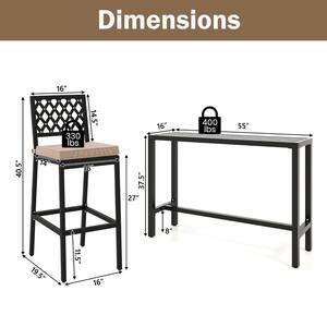 3 Piece Metal Outdoor Serving Bar Table & Chairs Set Patio Dining Table Set with Beige Cushion