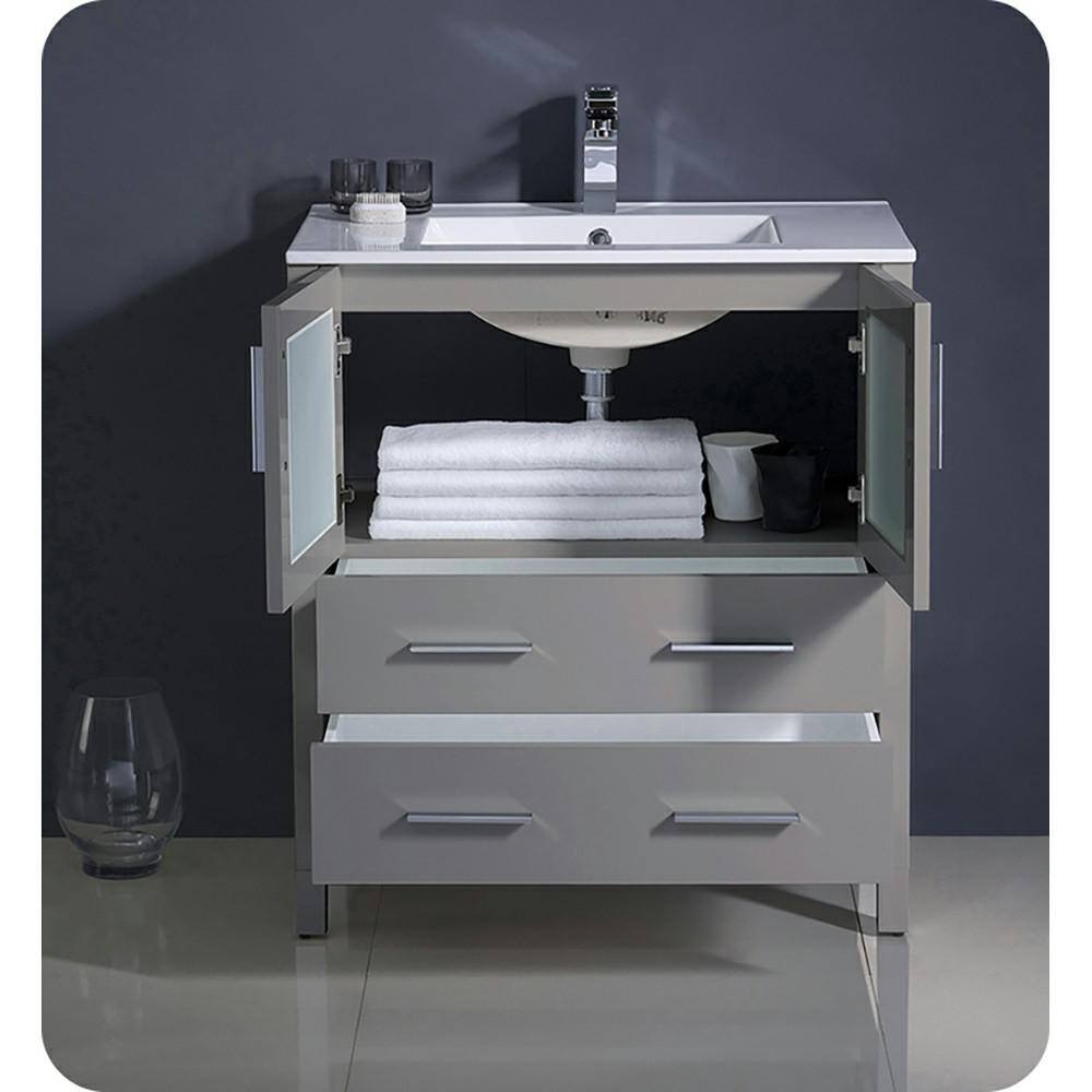 Gray Engineered Wood Freestanding Single Sink Vanity Base with Frosted Glass Doors