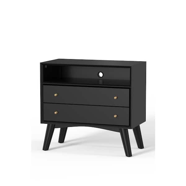 Alpine Furniture Flynn 2-Drawer Large Nightstand, Black (28 in. W x 15 in. D x 26 in. H)