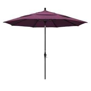 11 ft. Matted Black Aluminum Market Patio Umbrella with Collar Tilt Crank Lift in Iris Sunbrella