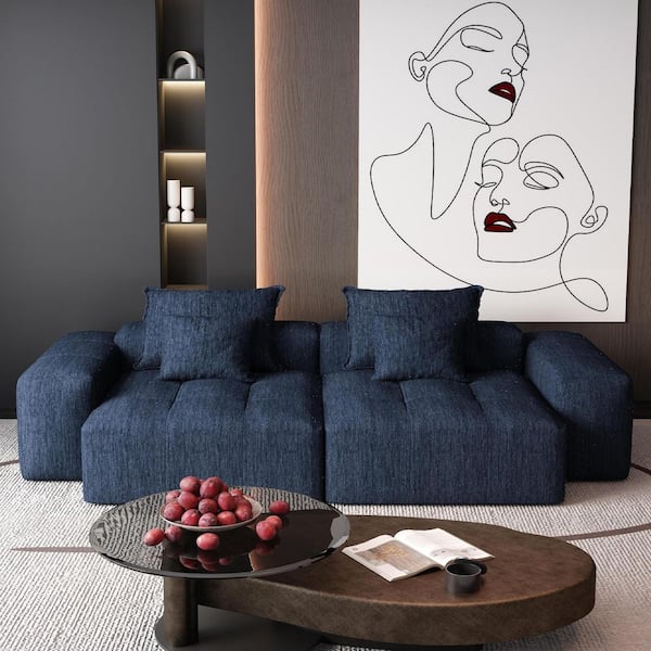 113.39 in. Square Arm Chenille Modular Sofa with Pillows in Blue (Seats 1)