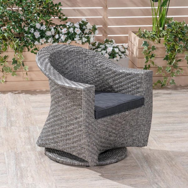 Noble House Larchmont Mixed Black Swivel Faux Rattan Outdoor Patio Lounge Chair with Dark Grey Cushion