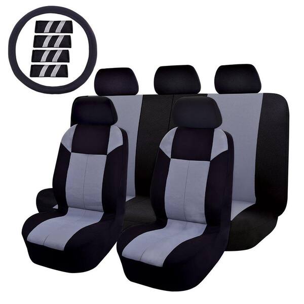 Unbranded 47 in. x 23 in. x 1 in 14PC Car Seat Cover Universal Full Set For Car SUV Truck or Van Grey/Black Steering Wheel Cover,