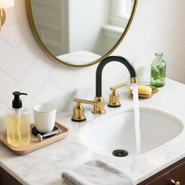 8 in. Wide Spread Double Handle Bathroom Faucet in Black and Gold