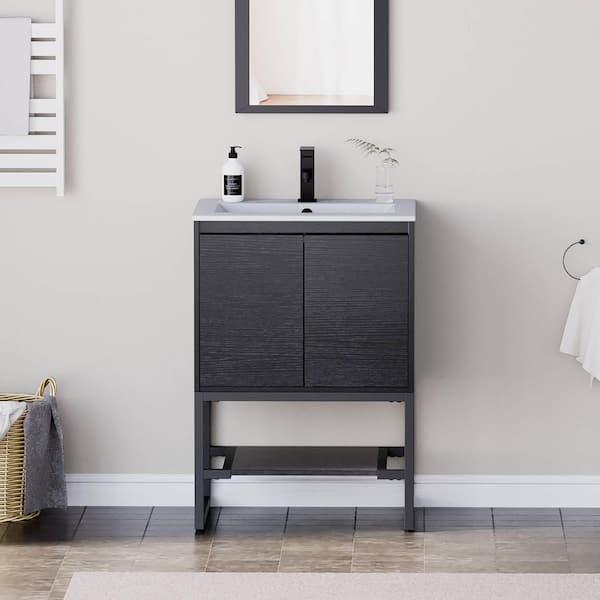 24 in. W x 18 in. D x 34 in. H Single Sink Freestanding Bath Vanity Cabinet in Black with White Ceramic Top