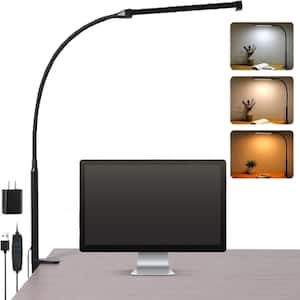 27 in. Black Flexible Clip on Lights Desk Lamp with Long Gooseneck Metal Swing Arm 3 Modes 10 Brightness and USB Adapter