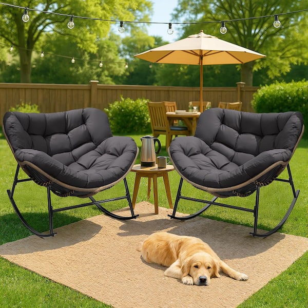 Unbranded 2-Pieces Oversized PE Wicker Outdoor Rocking Chair Papasan Lounge Chair with Gray 5.1 in. Thick Cushion