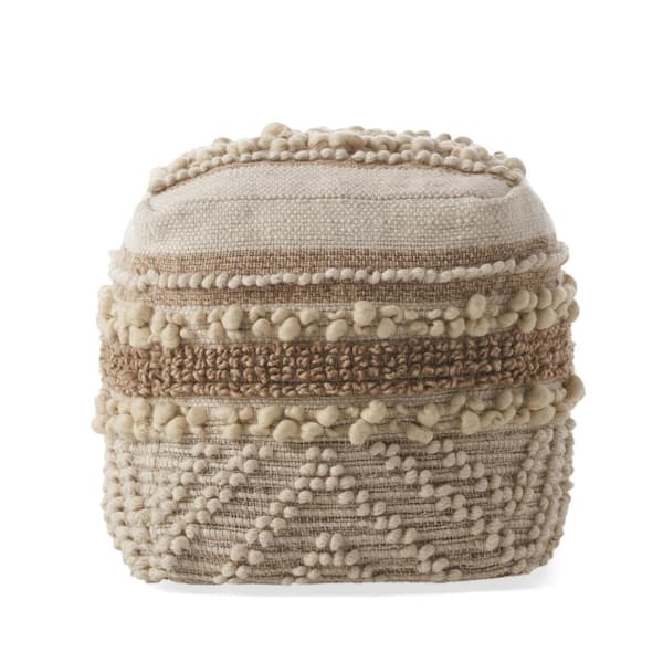 Noble House Hezekiah Beige and Ivory Handcrafted Fabric Cube Pouf