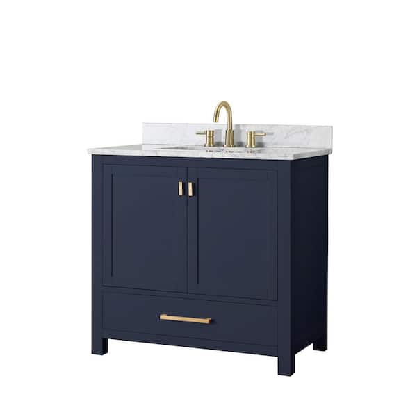Modero 37 in. Single Sink Navy Blue Bath Vanity with Carrara White Marble Top