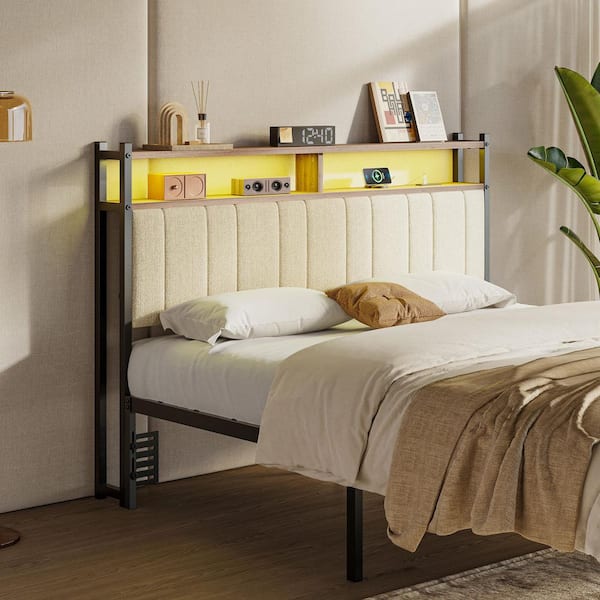 PINMOCO Beige Queen Linen Upholstered Storage Headboard LED Headboard with Charging Station