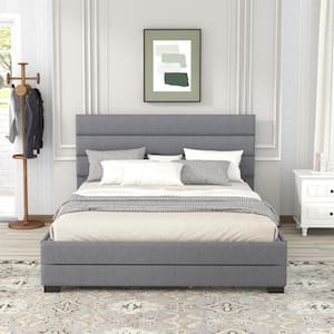 Gray 64 in. W Wood Frame Queen Upholstered Platform Bed with Trundle Wood Adult Trundle Bed with Solid Slats