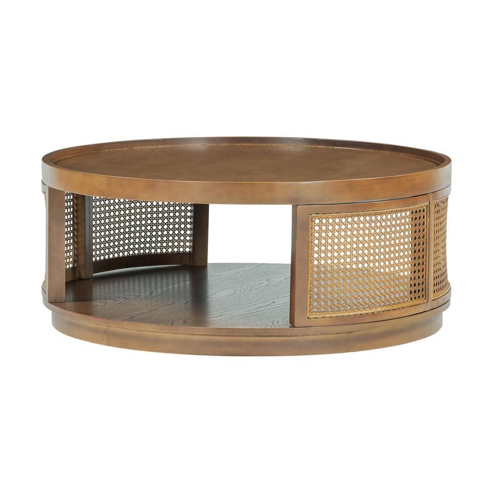 37.1 in. W Mid-Century Wood Round Coffee Table with Storage and PE Rattan S