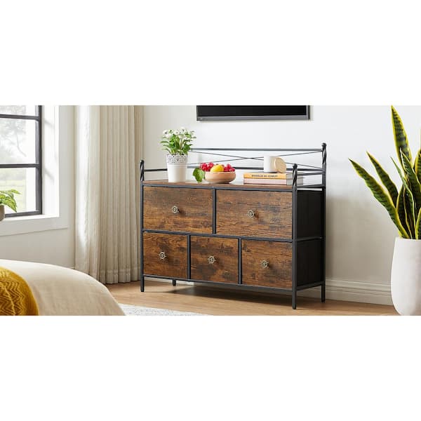 VECELO 5-Drawer Dresser 11.8 in. W Chest of Drawers Nightstand with Wood Top Rustic Storage Tower Storage Dresser Closet, Brown