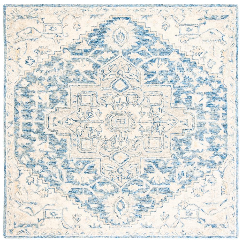 Ivory and Blue Square Tufted Wool Rug, 5' x 5'