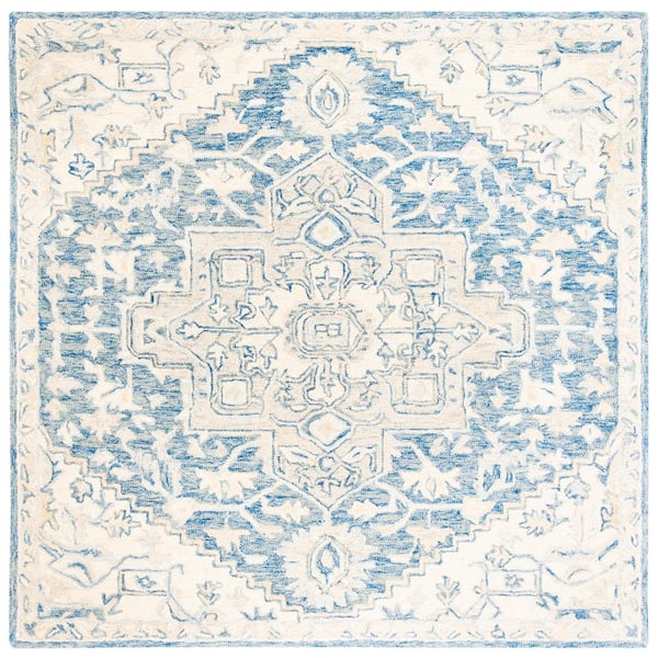 SAFAVIEH Micro-Loop Blue/Ivory 5 ft. x 5 ft. Square Medallion Floral Area Rug